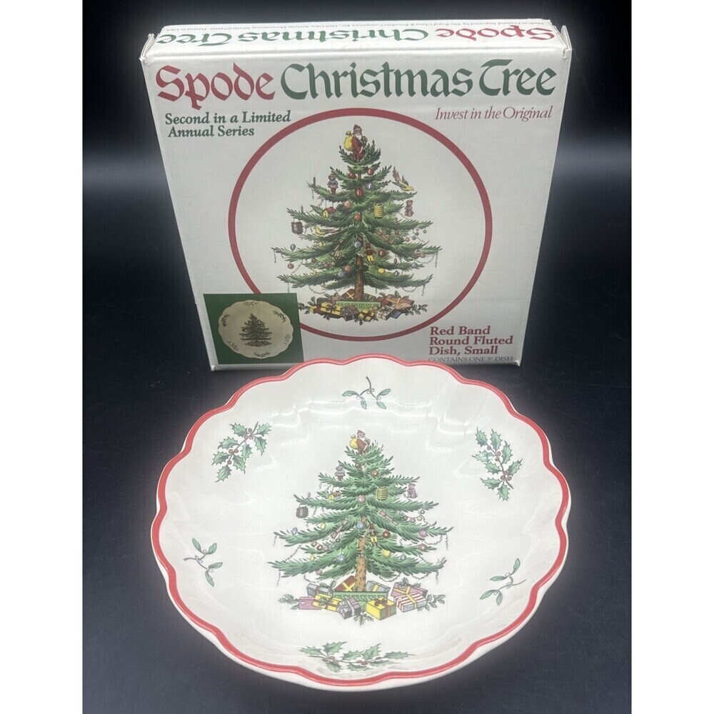 Spode Christmas Tree RED Band Round Fluted Dish 2nd Limited Annual Series 5”‎